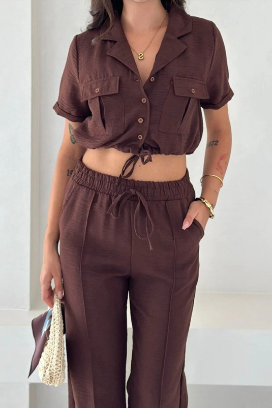 Keten Kumaş Oversize Gömlek & Pantolon İkili Takım -WW4154
