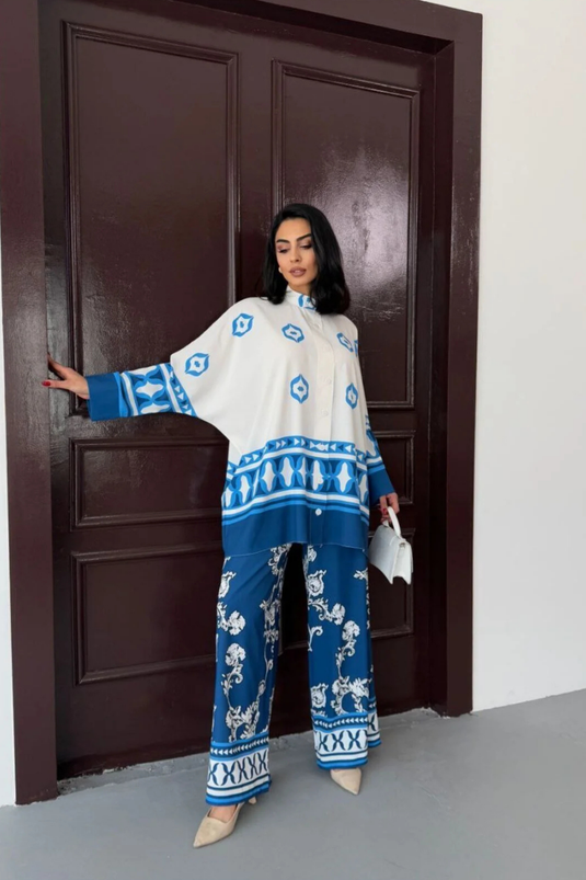 İthal Jessica Kumaş Gömlek & Pantolon İkili Takım Mavi Çiçekli 25100-5