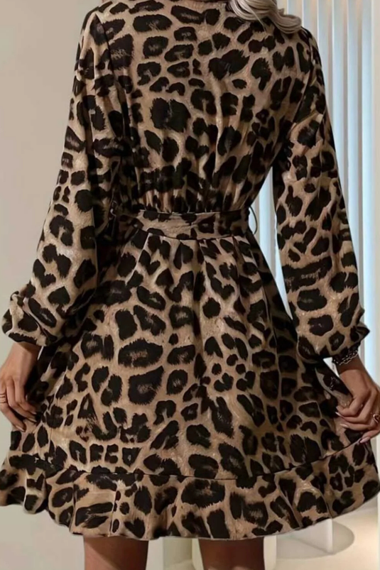 Uzun Kollu Kruvaze Yaka Belden Kuşaklı Leopar Desenli Dalgıç Elbise