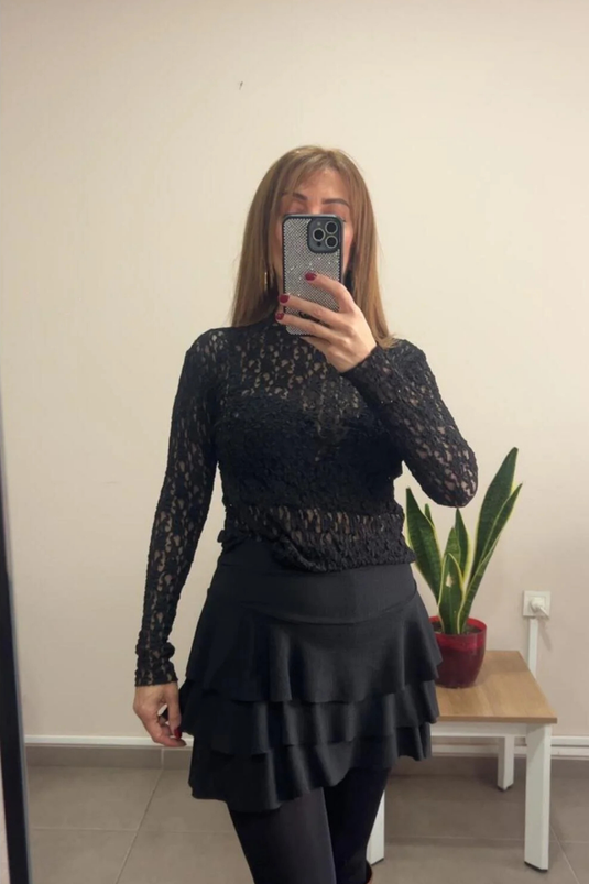 Yarım Balıkçı Yaka Full Likralı Dantel Bluz