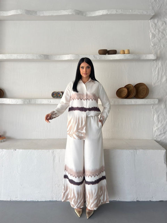İthal Chokellaa Kumaş Çiçekli Tunik Gömlek & Pantolon 2li Takım-Bej