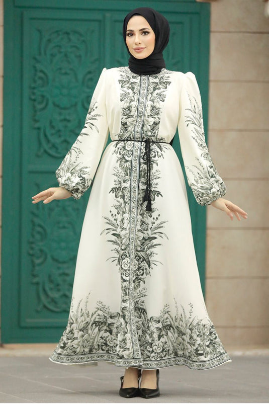 Atlas Kumaş Elbise (Kuşak Dahildir) Beyaz- 2341