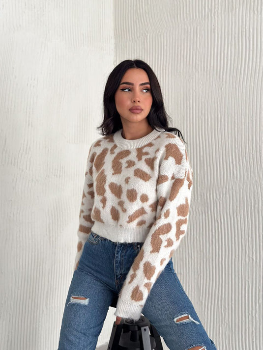 Leopar Desen Triko Crop Model Bisiklet Yaka Kazak Bej