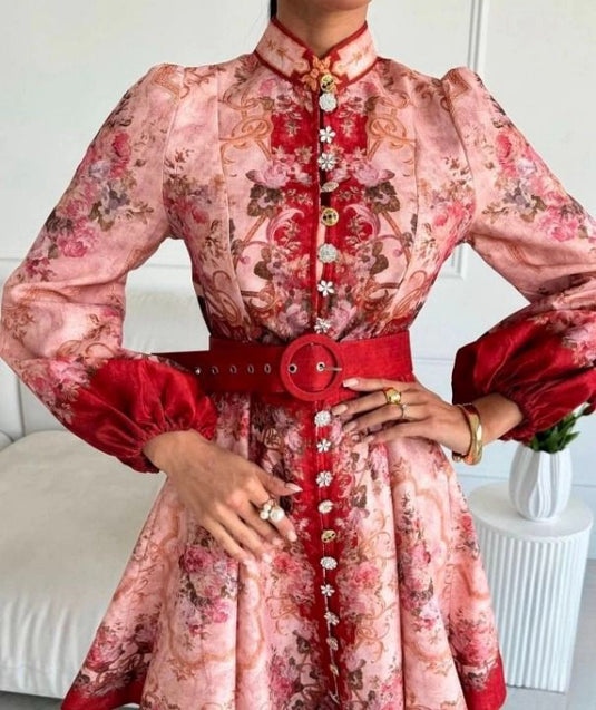 Keten Kumaş Model Düğme Detaylı Elbise-Kemer Dahil