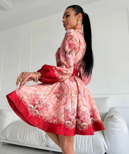 Keten Kumaş Model Düğme Detaylı Elbise-Kemer Dahil