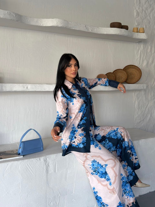 İthal Chokellaa Kumaş Çiçekli Tunik Gömlek & Pantolon 2li Takım-Mavi