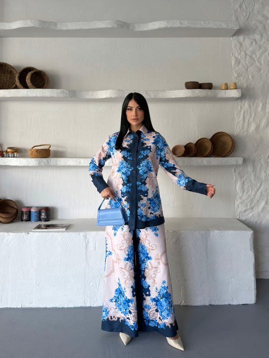İthal Chokellaa Kumaş Çiçekli Tunik Gömlek & Pantolon 2li Takım-Mavi