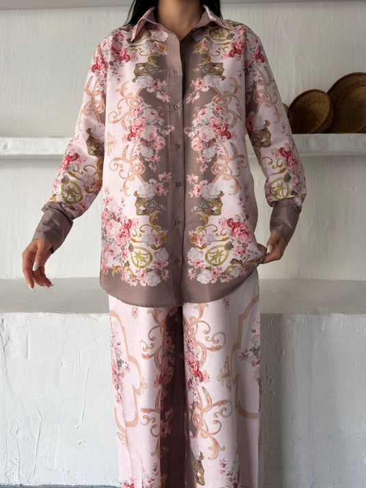 İthal Chokellaa Kumaş Çiçekli Tunik Gömlek & Pantolon 2li Takım-Pembe
