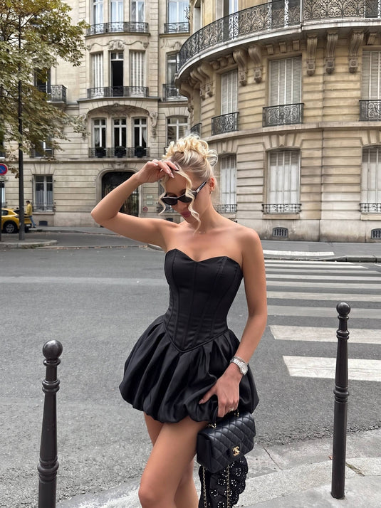 Amadora Strapless Çapraz İp Sırt Detaylı Askısız Balon Crop& Etek İkili Takım-6127
