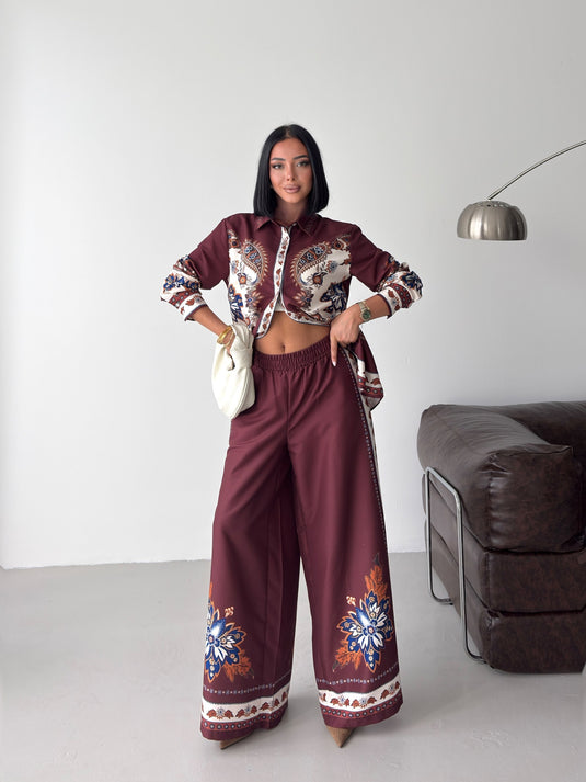 İthal Chokellaa Kumaş Çiçekli Tunik Gömlek & Pantolon 2li Takım-Bordo