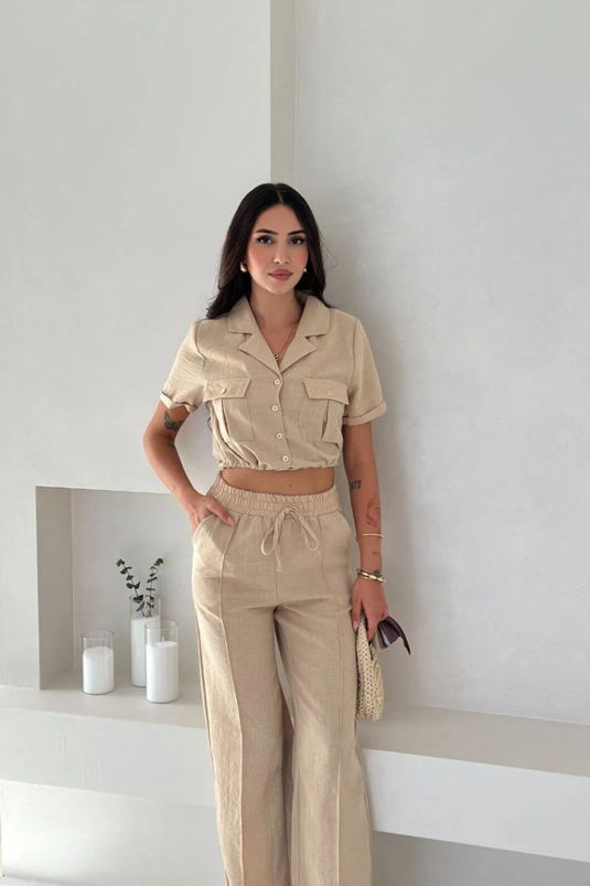 Keten Kumaş Oversize Gömlek & Pantolon İkili Takım -WW4154
