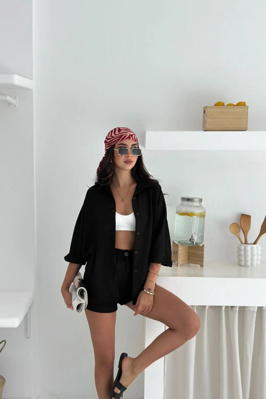 Keten Kumaş Oversize Gömlek & Şort İkili Takım