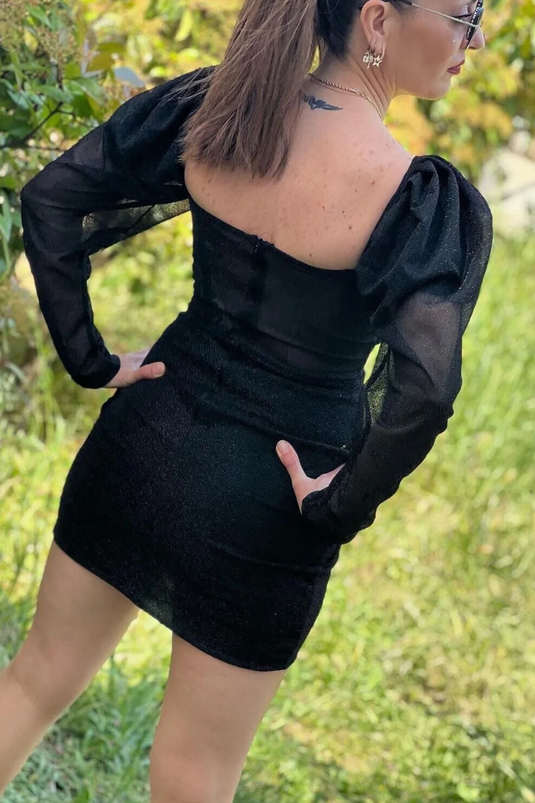 Simli Tül Kumaş İçi Astarlı Göğüs Gloplu Fermuarlı Mini Elbise