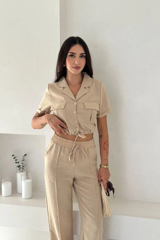 Keten Kumaş Oversize Gömlek & Pantolon İkili Takım -WW4154