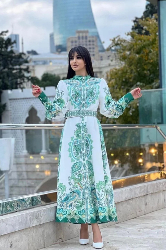 Atlas Kumaş Çiçek Desenli Gömlek Yaka Düğme Detaylı Yeşil Elbise (KEMER DAHİLDİR)-22345