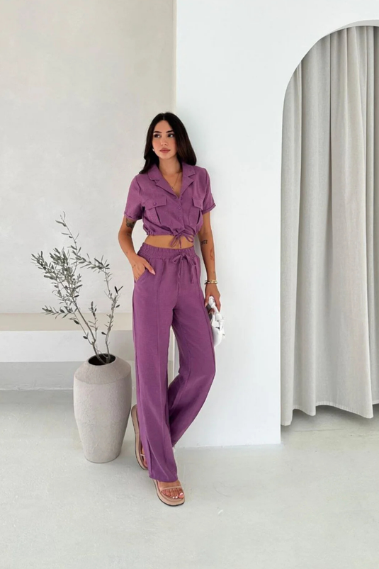 İthal Keten Kumaş İplik Detaylı Crop Gömlek & Pantolon İkili Takım