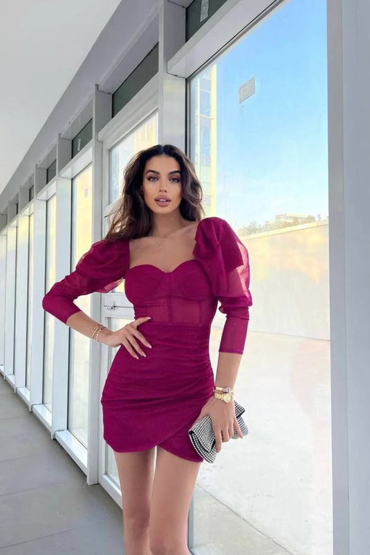 Simli Tül Kumaş İçi Astarlı Göğüs Gloplu Fermuarlı Mini Elbise