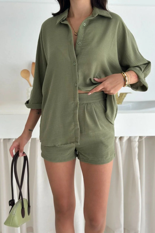Keten Kumaş Oversize Gömlek & Şort İkili Takım- WW4168