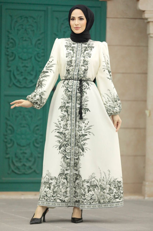Atlas Kumaş Elbise (Kuşak Dahildir) Beyaz- 2341