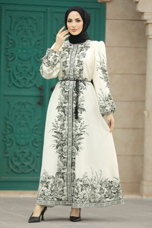 Atlas Kumaş Elbise (Kuşak Dahildir) Beyaz- 2341