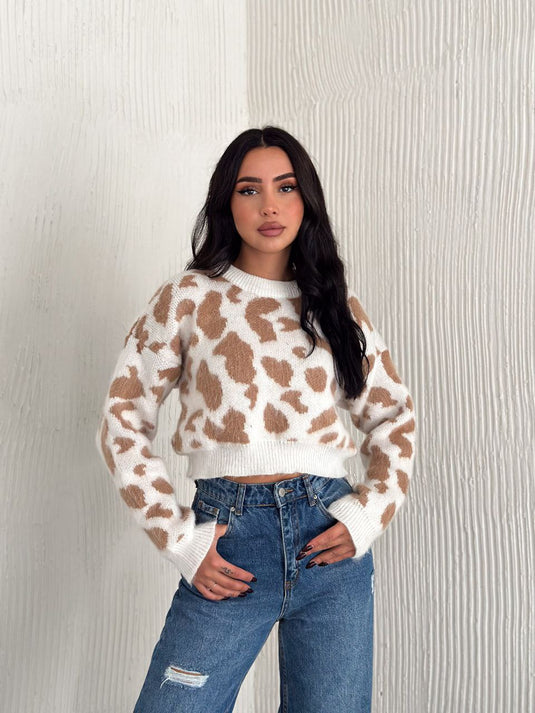 Leopar Desen Triko Crop Model Bisiklet Yaka Kazak Bej