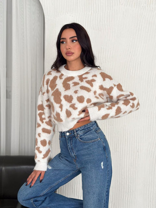 Leopar Desen Triko Crop Model Bisiklet Yaka Kazak Bej