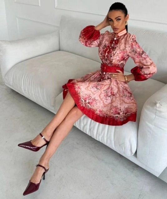 Keten Kumaş Model Düğme Detaylı Elbise-Kemer Dahil