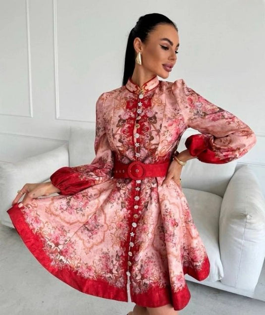 Keten Kumaş Model Düğme Detaylı Elbise-Kemer Dahil