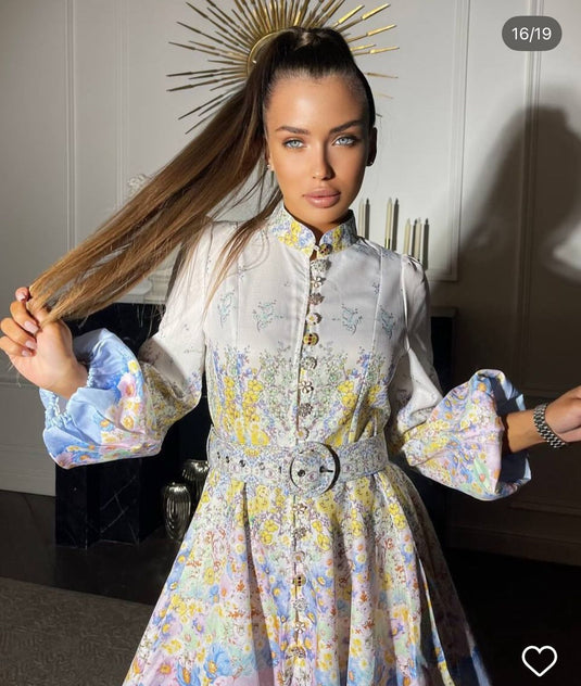 Keten Kumaş Model Düğme Detaylı Elbise-Kemer Dahil