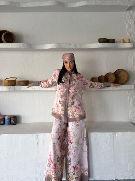 İthal Chokellaa Kumaş Çiçekli Tunik Gömlek & Pantolon 2li Takım-Pembe