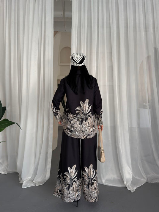 İthal Chokellaa Kumaş Çiçekli Tunik Gömlek & Pantolon 2li Takım-Siyah