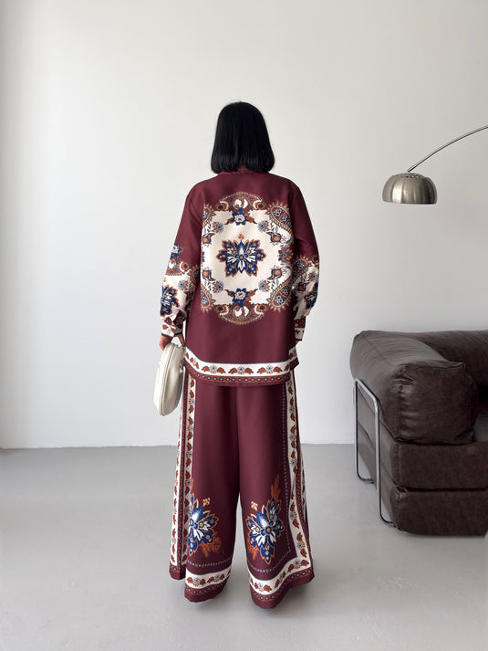 İthal Chokellaa Kumaş Çiçekli Tunik Gömlek & Pantolon 2li Takım-Bordo