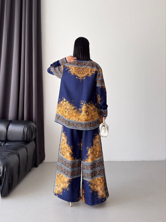 İthal Chokellaa Kumaş Çiçekli Tunik Gömlek & Pantolon 2li Takım-Taba