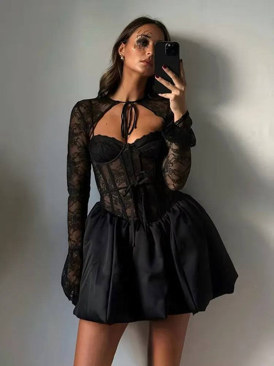 Beauty Tafta Ve Dantel Kumaş İçi Astarlı Bolero Ve Mini Balon Etek İkili Takım-6114