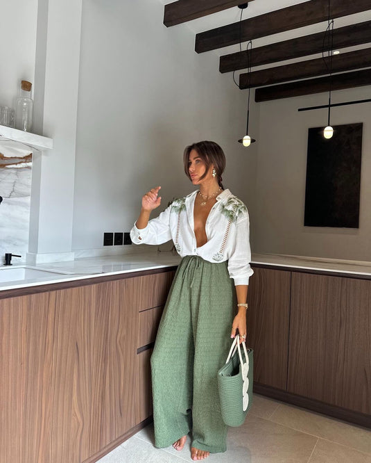 Agaçkabugu Pantalon Keten Nakış Detaylı Gömlek İkili Takım-Yeşil-2514